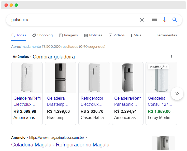 Resultados de Pesquisa no Google Shopping por Geladeira