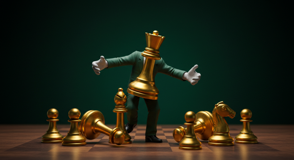 Imagem figurativa de um homem em miniatura movendo peças de um tabuleiro de xadrez representando a solução de problemas reais, propósito do marketing jurídico.