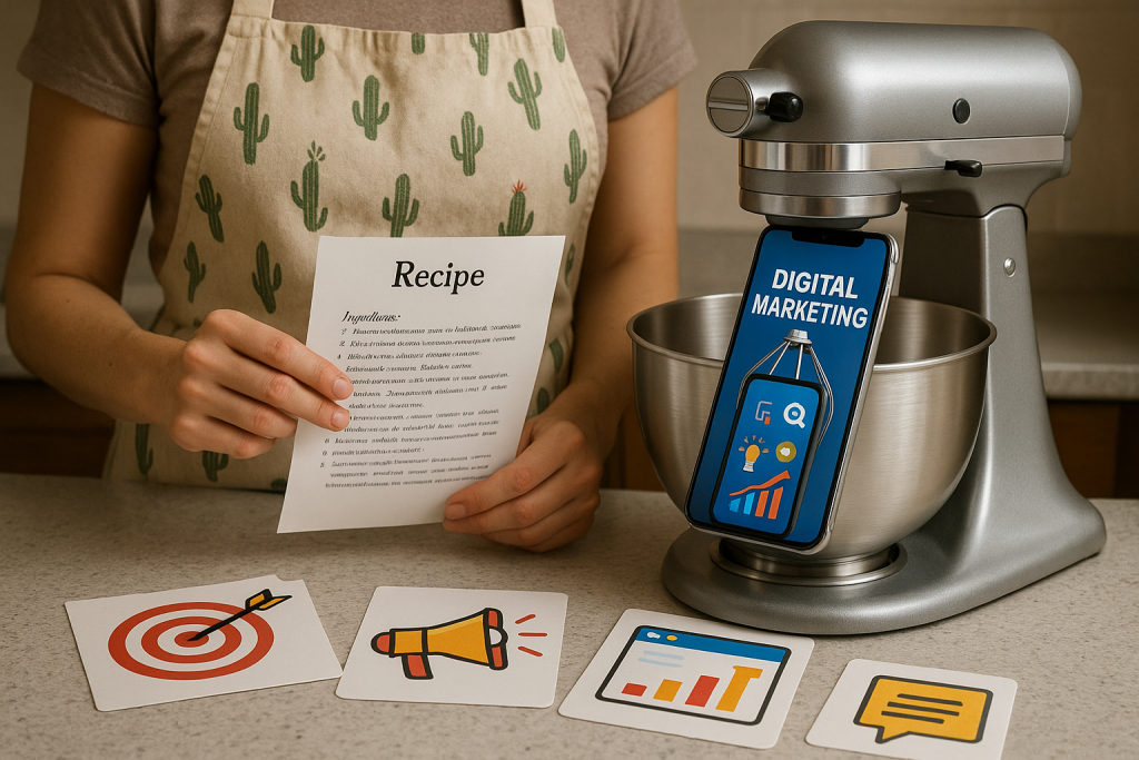 Imagem figurativa de uma mulher tentando seguir uma receita pronta para realizar marketing para advogados.